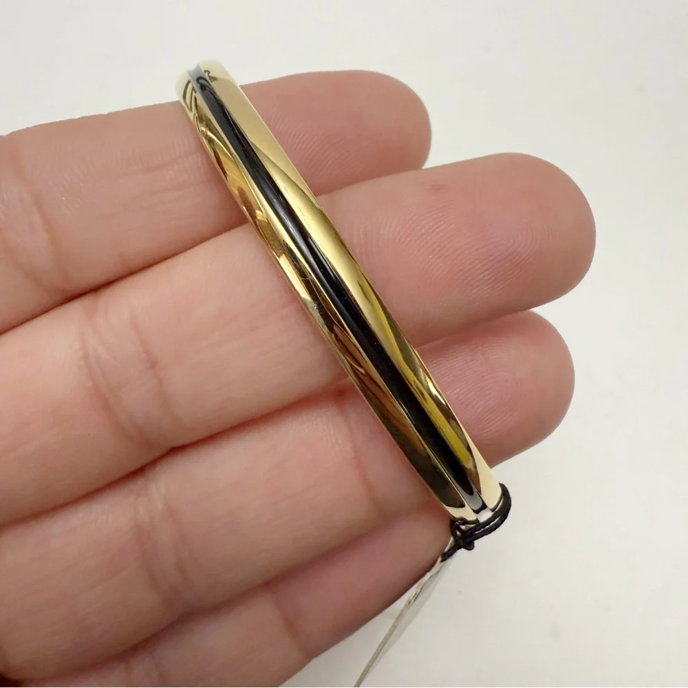 Vintage Trifari Polished Goldtone Black Enamel Stripe Bangle Bracelet NEW